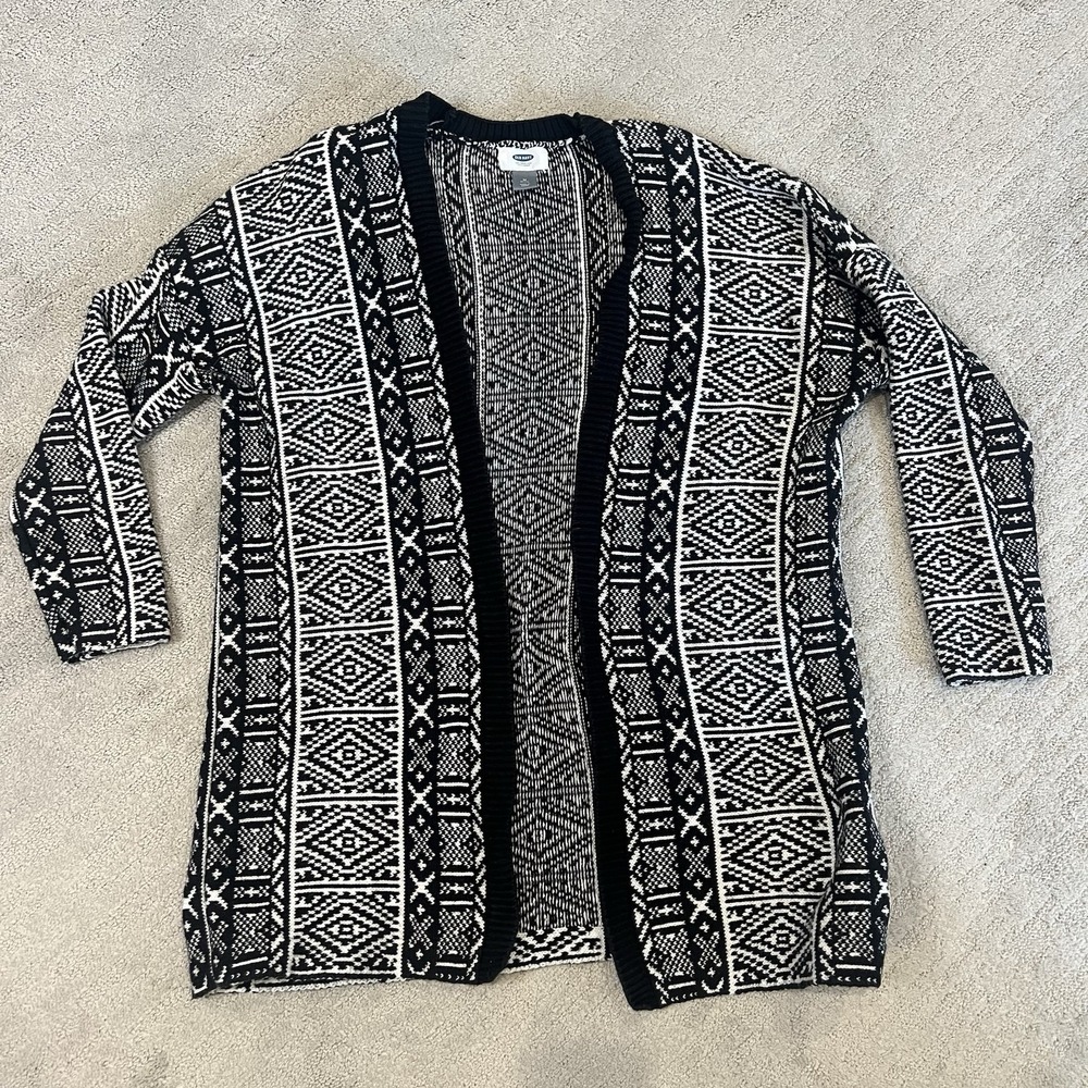 Old Navy Black White Aztec Cotton Sweater Coat Knit Cardigan Medium‎ Petite Boho